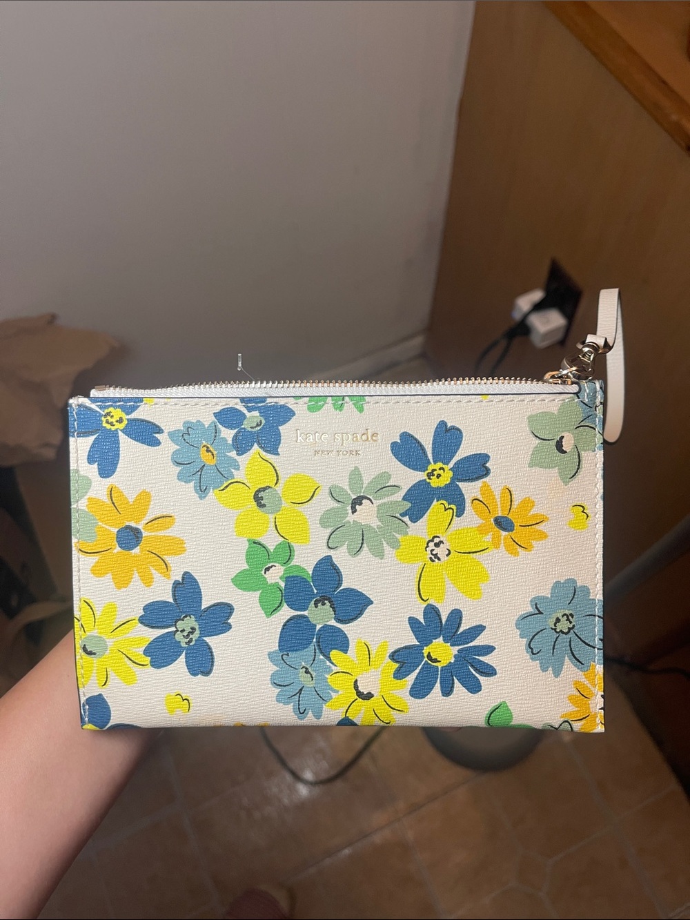 kate spade White Floral Zip Wristlet with Blue, Yellow & Green Flowers
